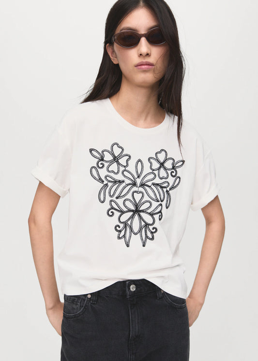 Floral Embroidered Cotton T Shirt
