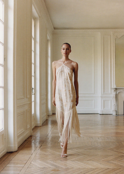 Floral Embroidered Dress With Fringe Detail