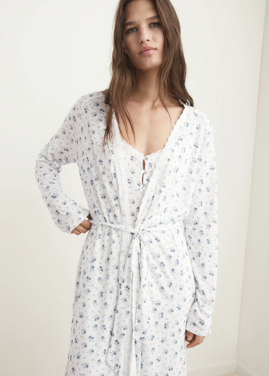 Floral Print Dressing Gown With Lace Trim