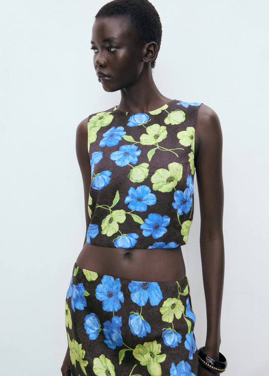 Floral Print Open Back Cropped Blouse