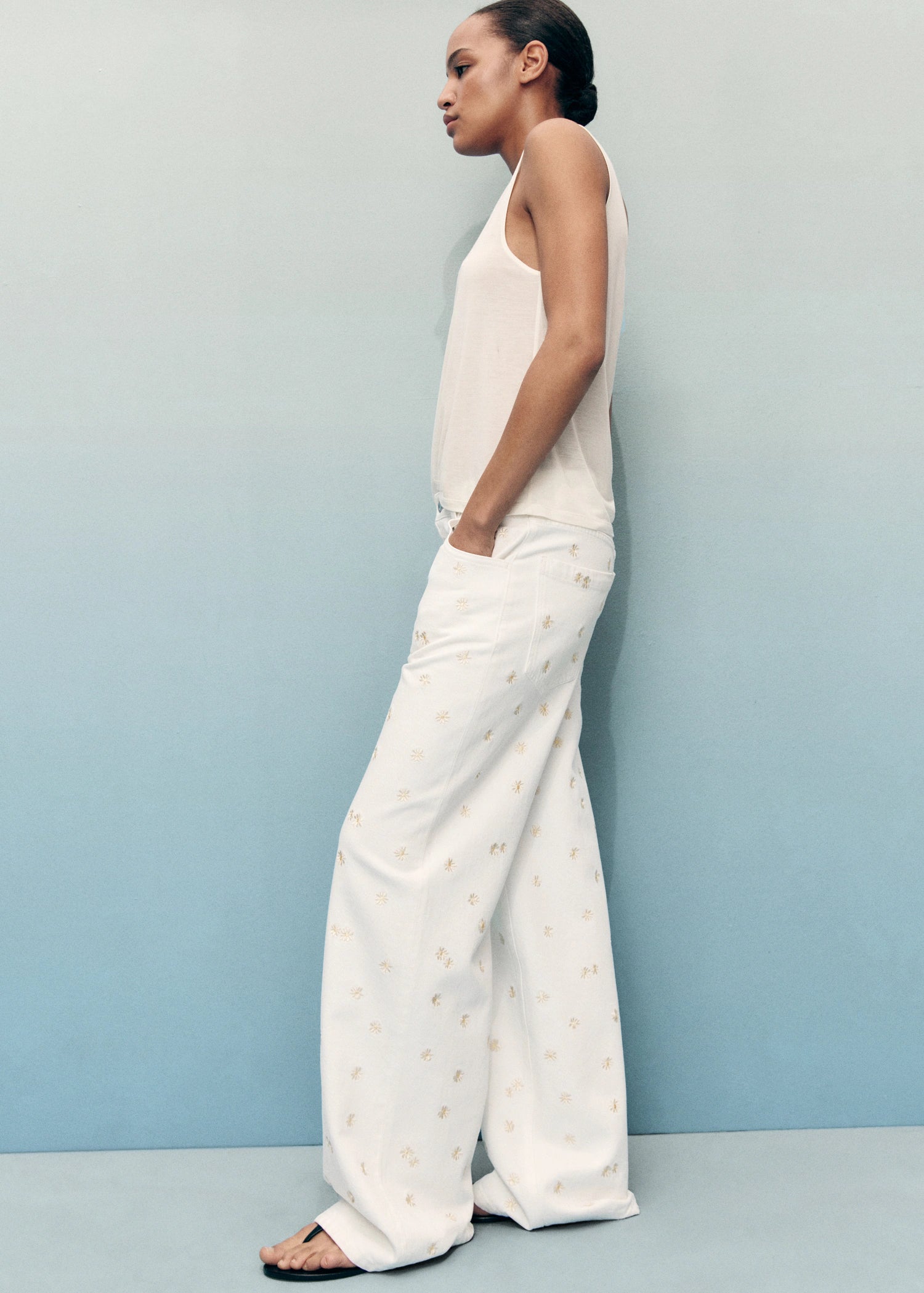 Flower Embroidered Wide Leg Jeans