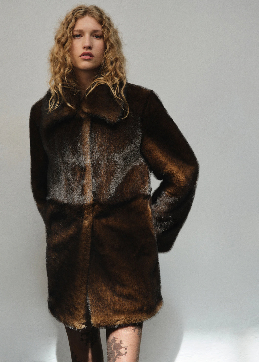 Fur Effect Coat With Shirt Collar