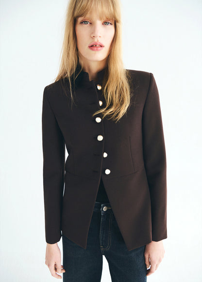 Jacket With Jewel Button Strip Collar