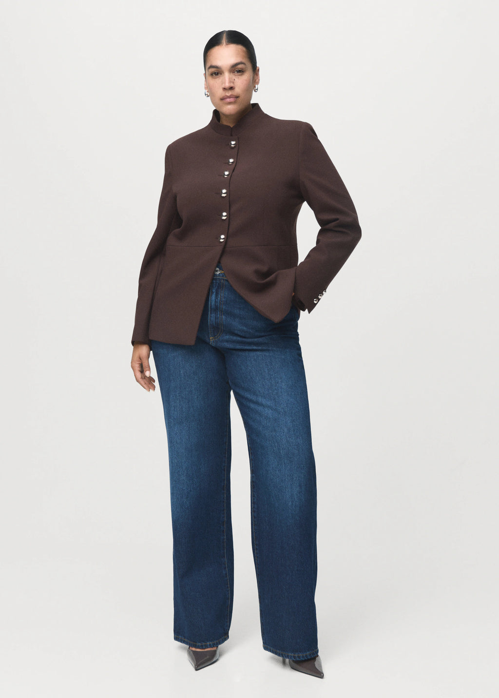 Jacket With Jewel Button Strip Collar