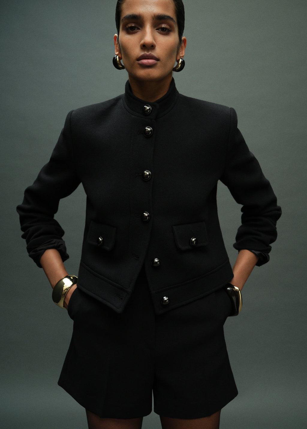 Jacket With Jewel Button Strip Collar