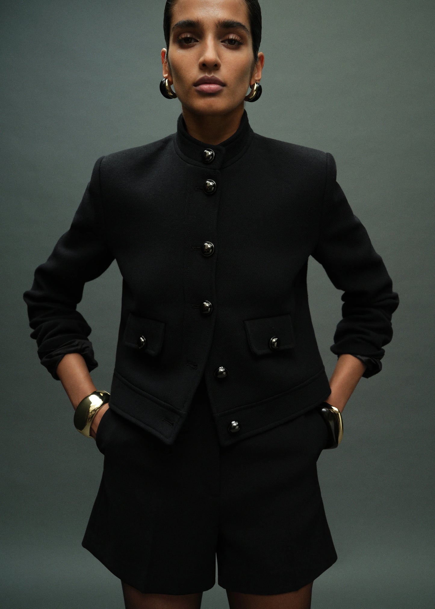 Jacket With Jewel Button Strip Collar