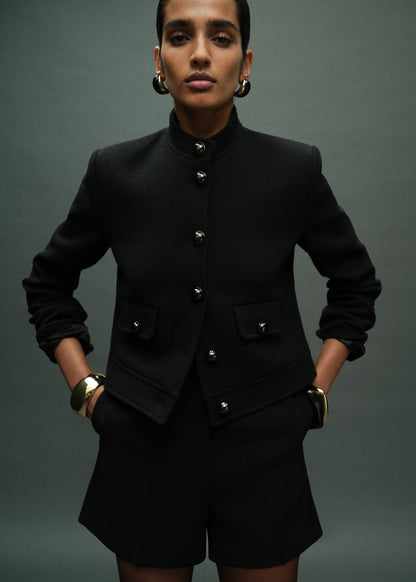 Jacket With Jewel Button Strip Collar