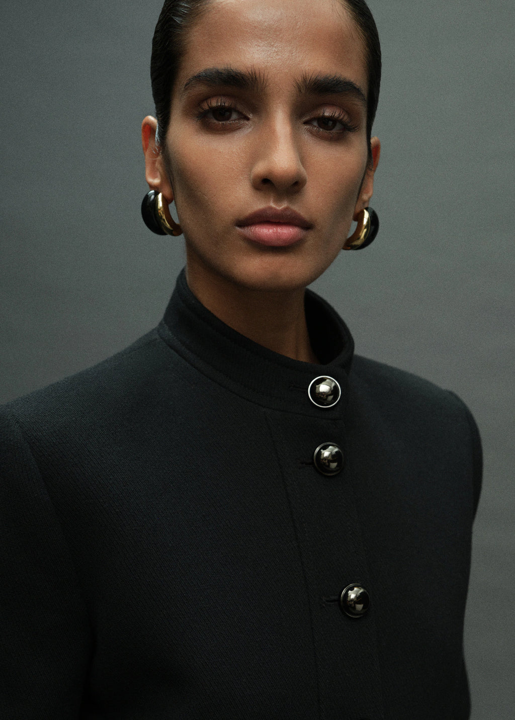 Jacket With Jewel Button Strip Collar