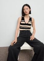 Knitted V Neck Top With Stripes