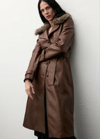 Leather Effect Coat With Fur Collar