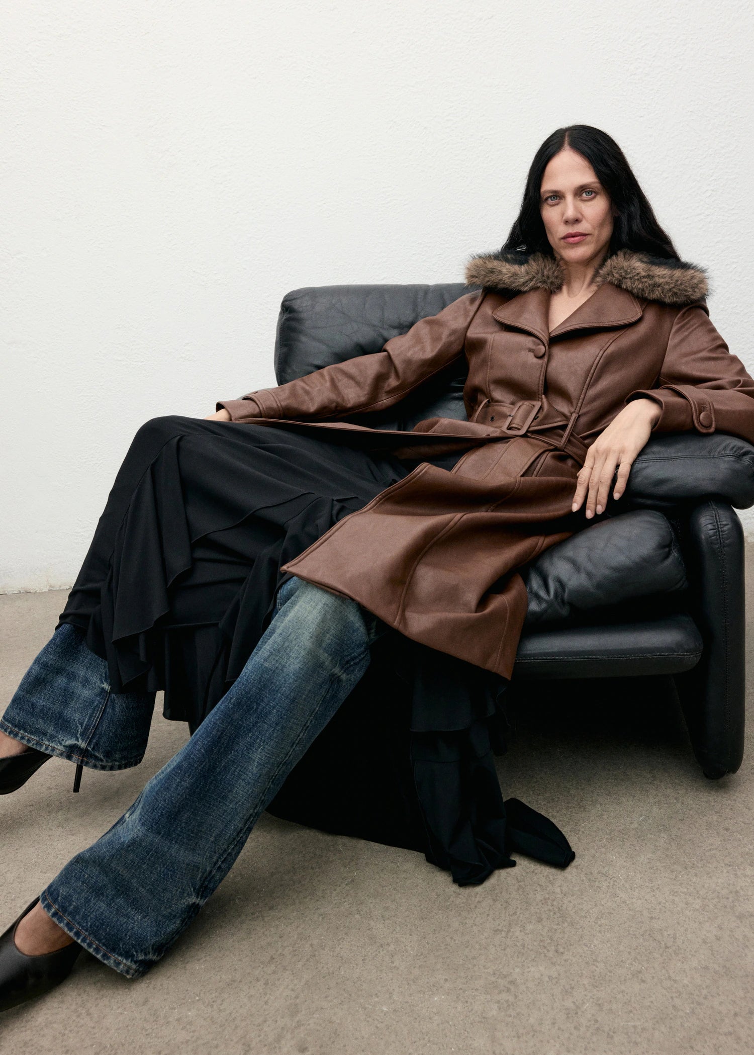 Leather Effect Coat With Fur Collar