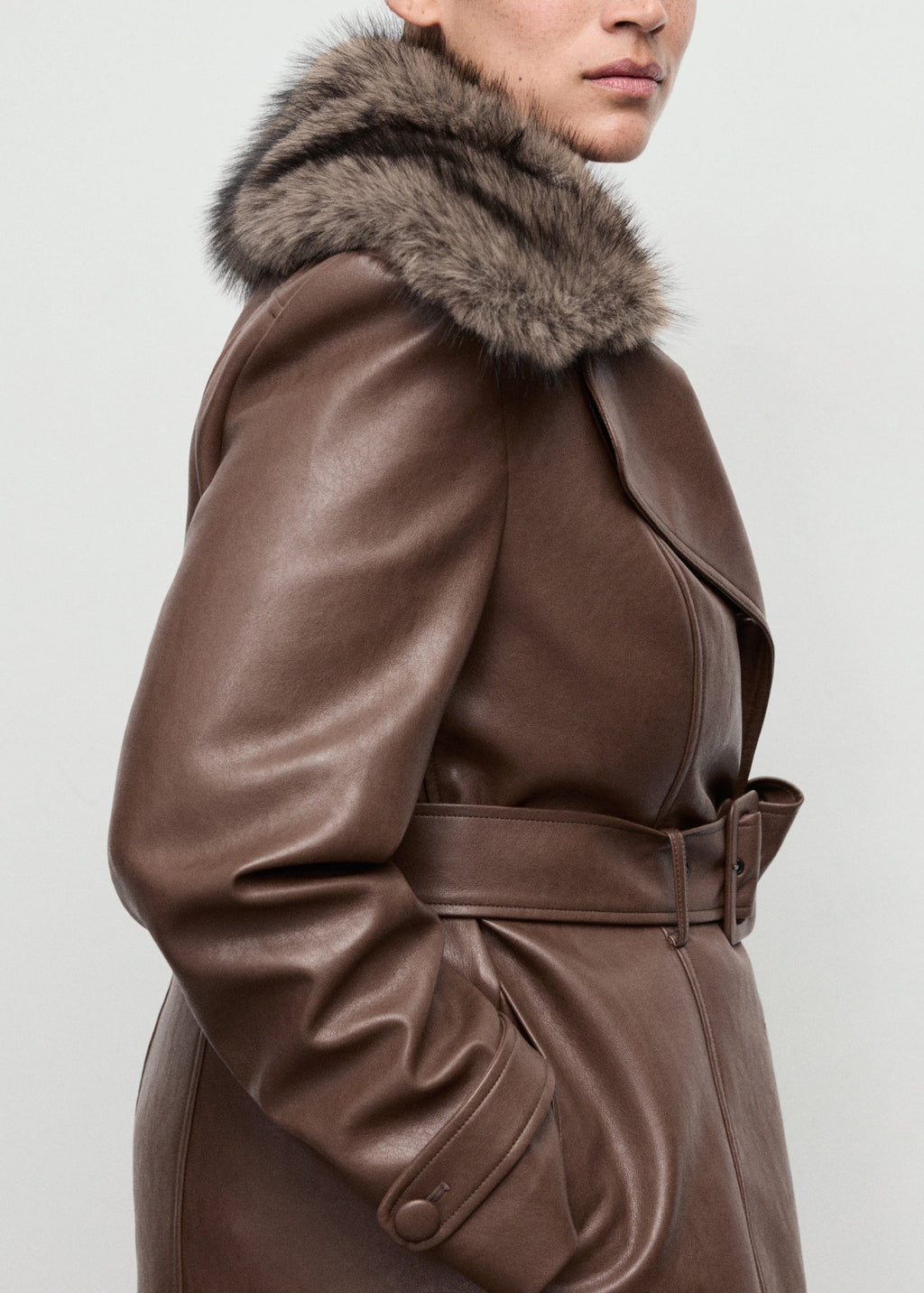 Leather Effect Coat With Fur Collar