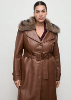 Leather Effect Coat With Fur Collar