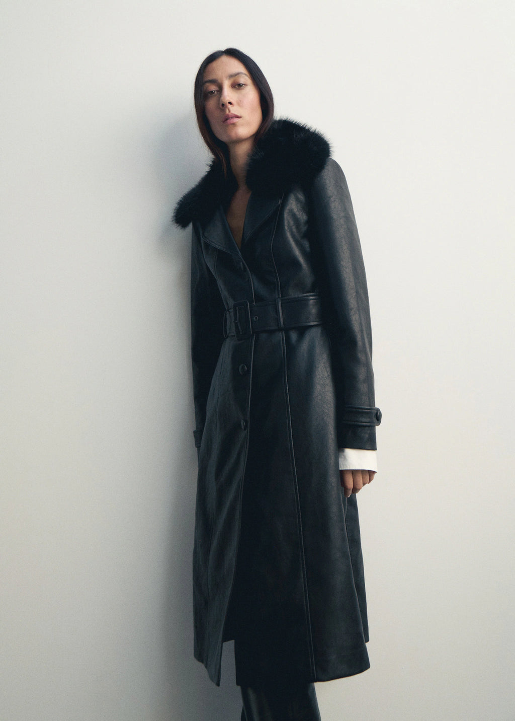 Leather Effect Coat With Fur Collar