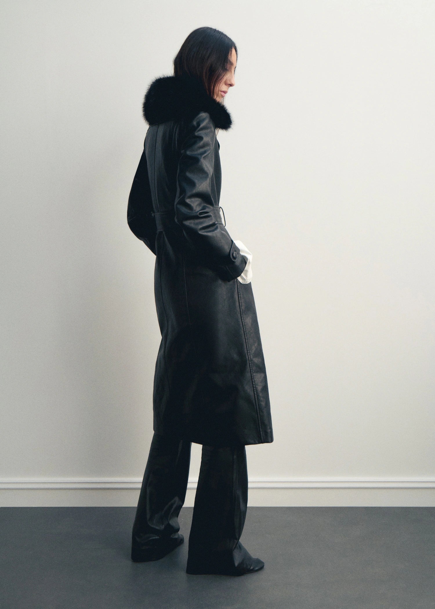 Leather Effect Coat With Fur Collar