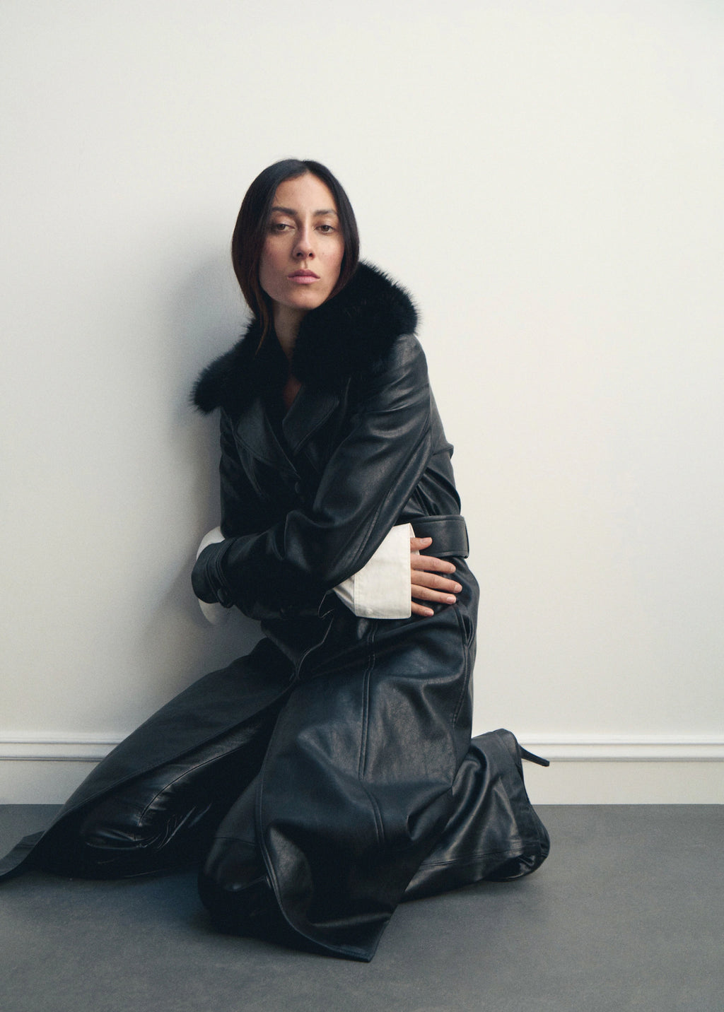 Leather Effect Coat With Fur Collar