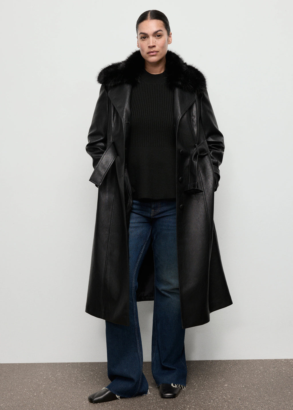 Leather Effect Coat With Fur Collar