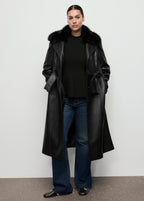 Leather Effect Coat With Fur Collar