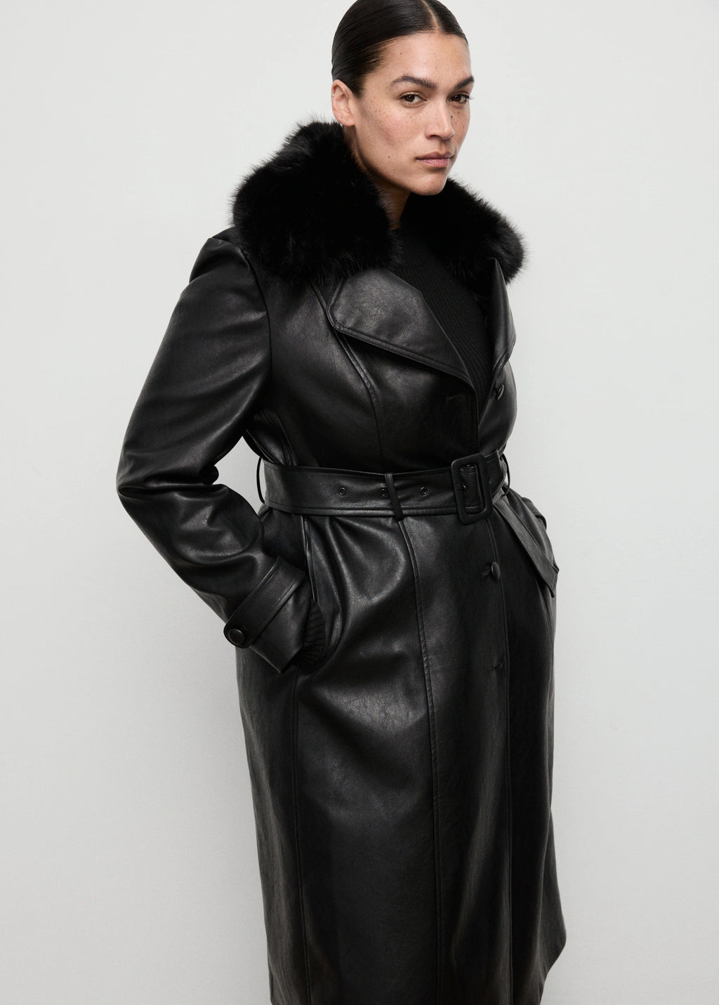 Leather Effect Coat With Fur Collar