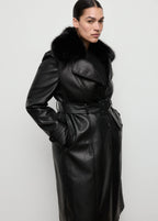 Leather Effect Coat With Fur Collar