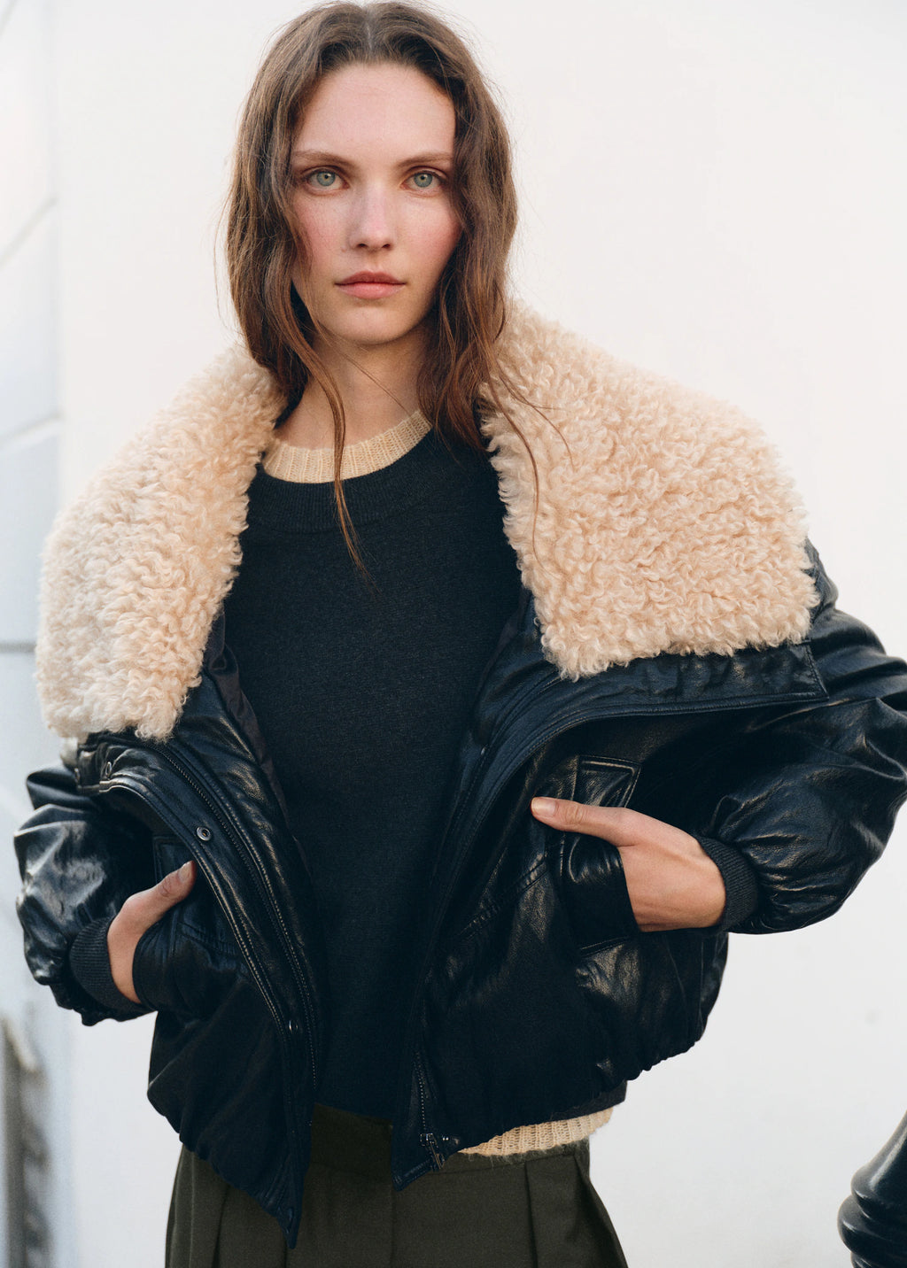 Leather Effect Jacket With Shearling Collar