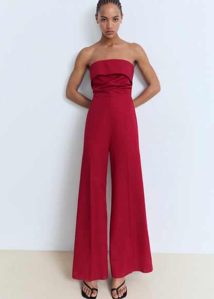 Linen Blend Strapless Jumpsuit