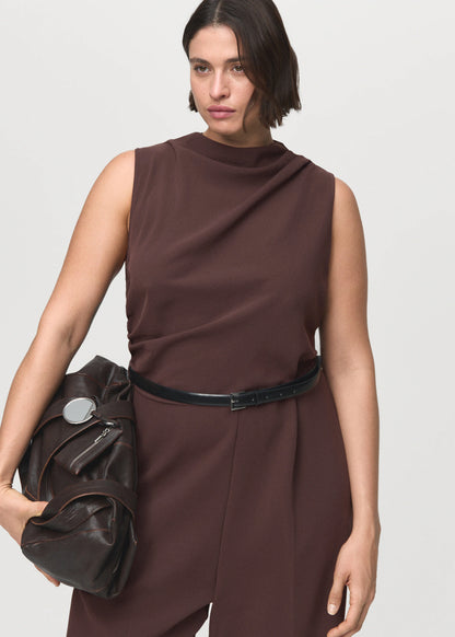 Long Jumpsuit With Draped Neck And Belt