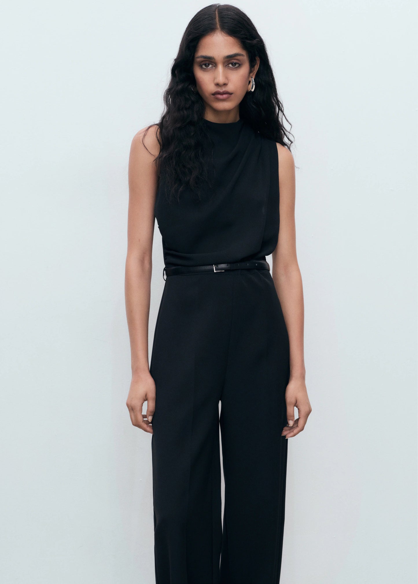 Long Jumpsuit With Draped Neck And Belt
