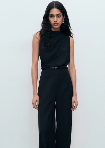 Long Jumpsuit With Draped Neck And Belt