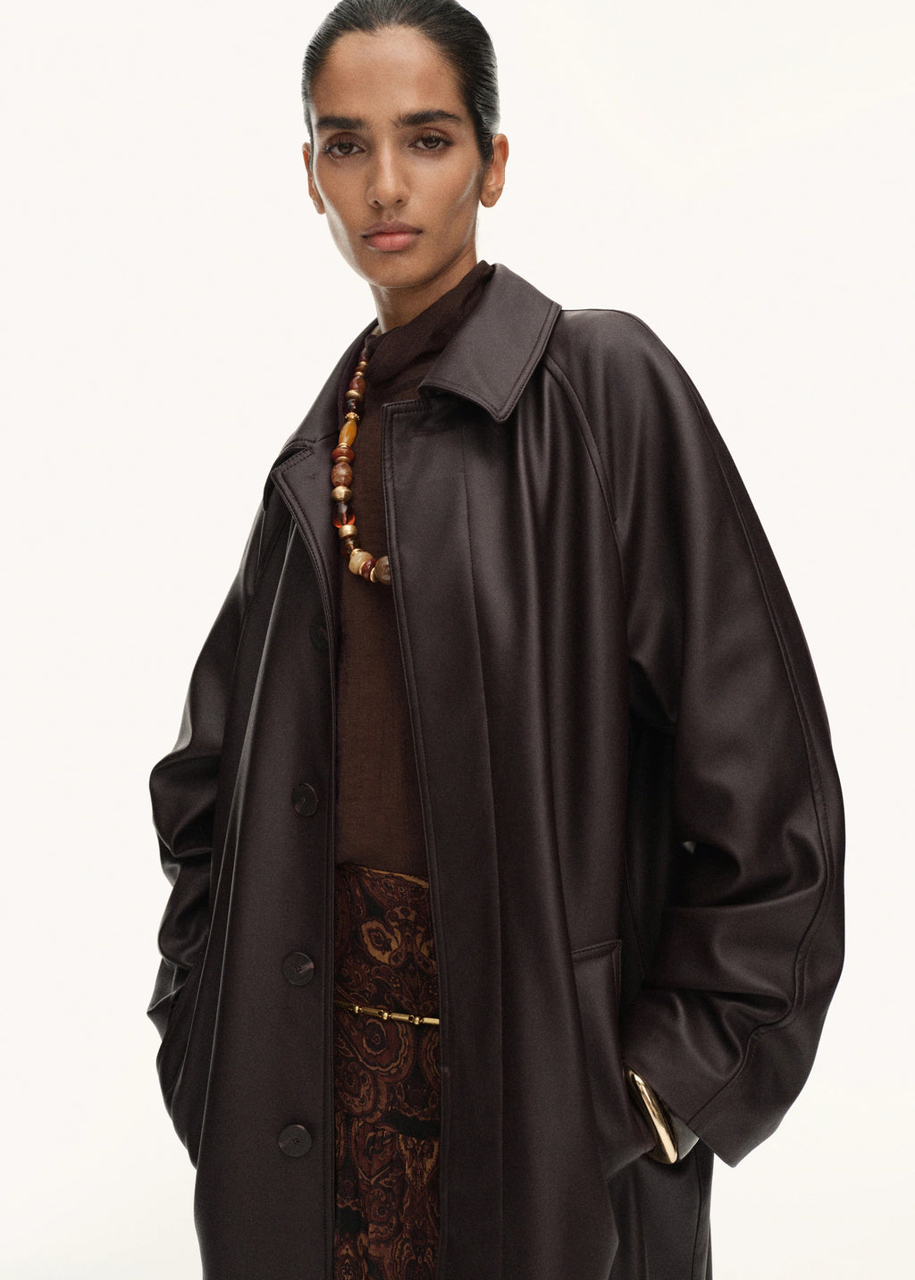 Long Leather Effect Trench Coat
