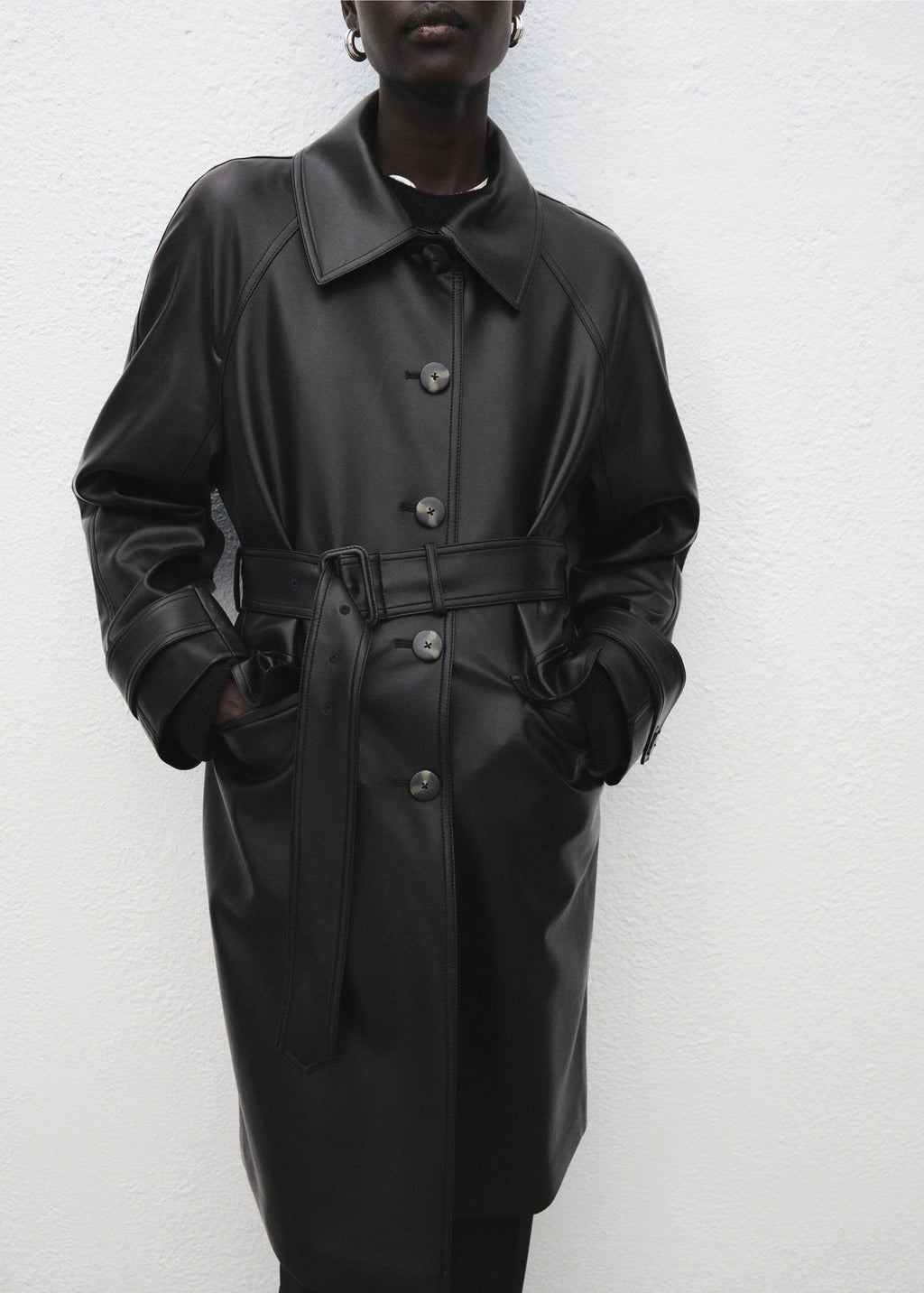 Long Leather Effect Trench Coat With Belt