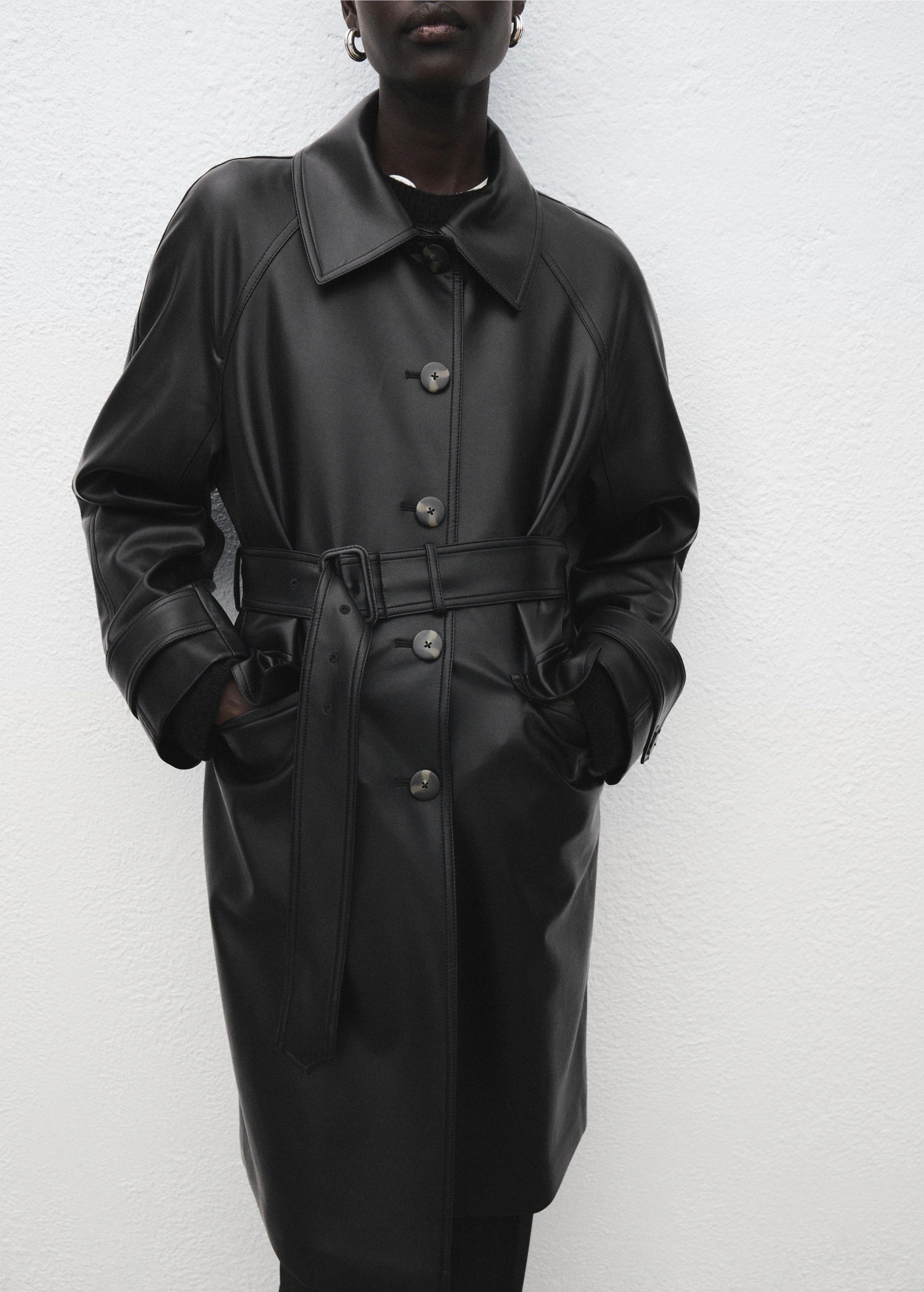 Long Leather Effect Trench Coat With Belt