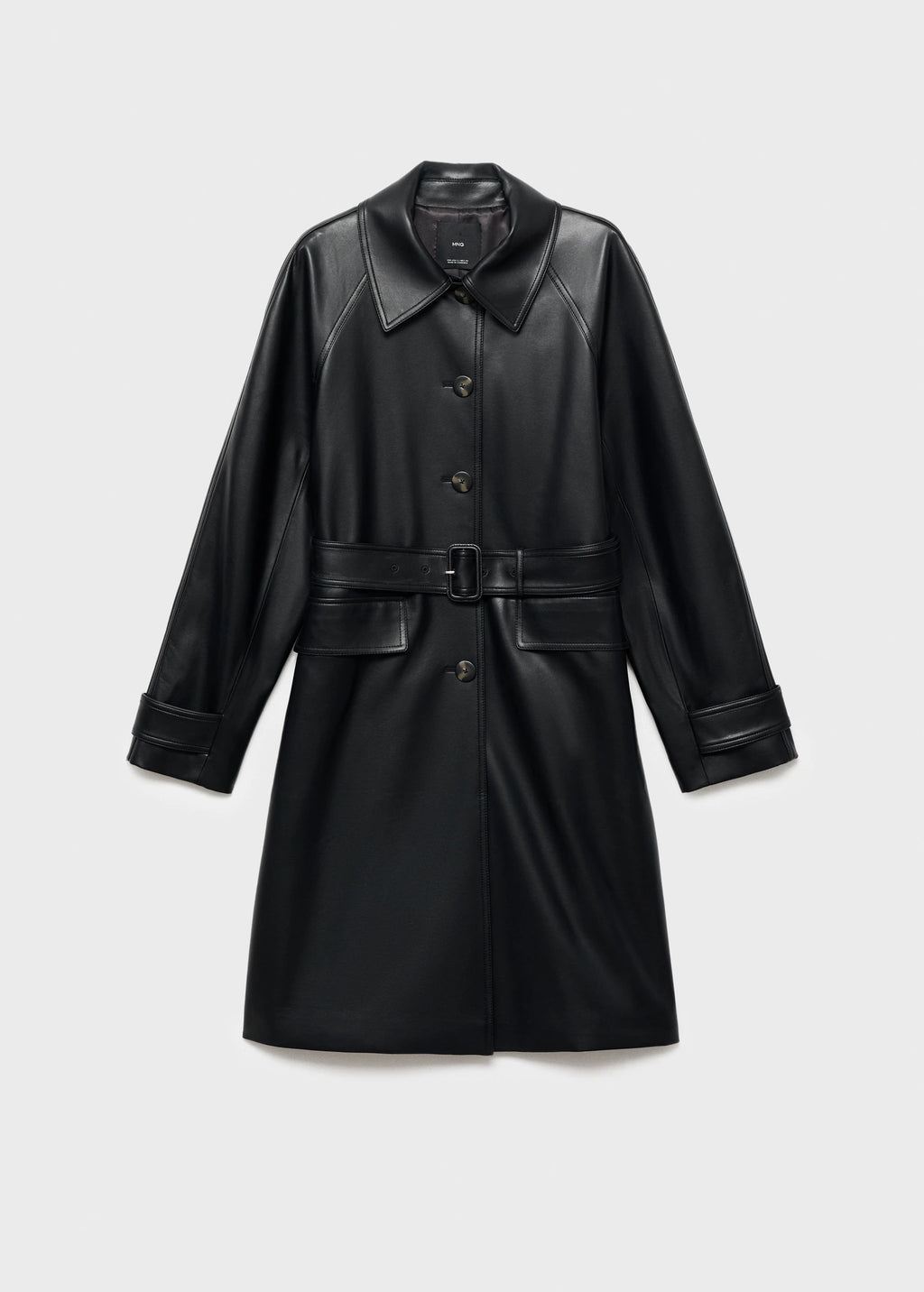 Long Leather Effect Trench Coat With Belt