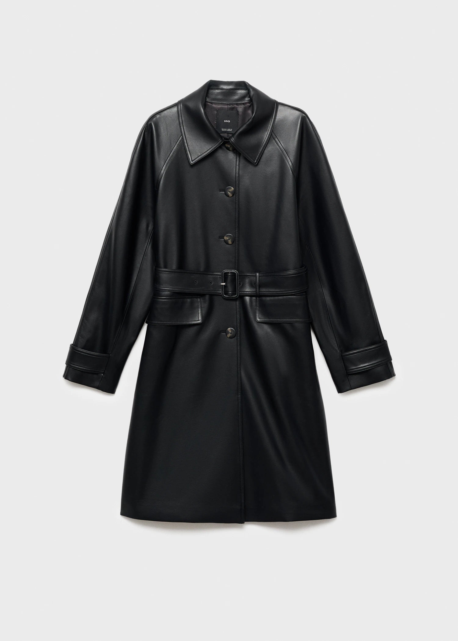 Long Leather Effect Trench Coat With Belt