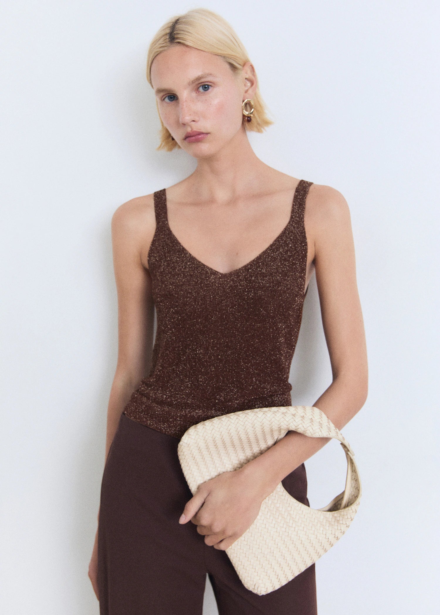 Lurex Knitted V Neck Top