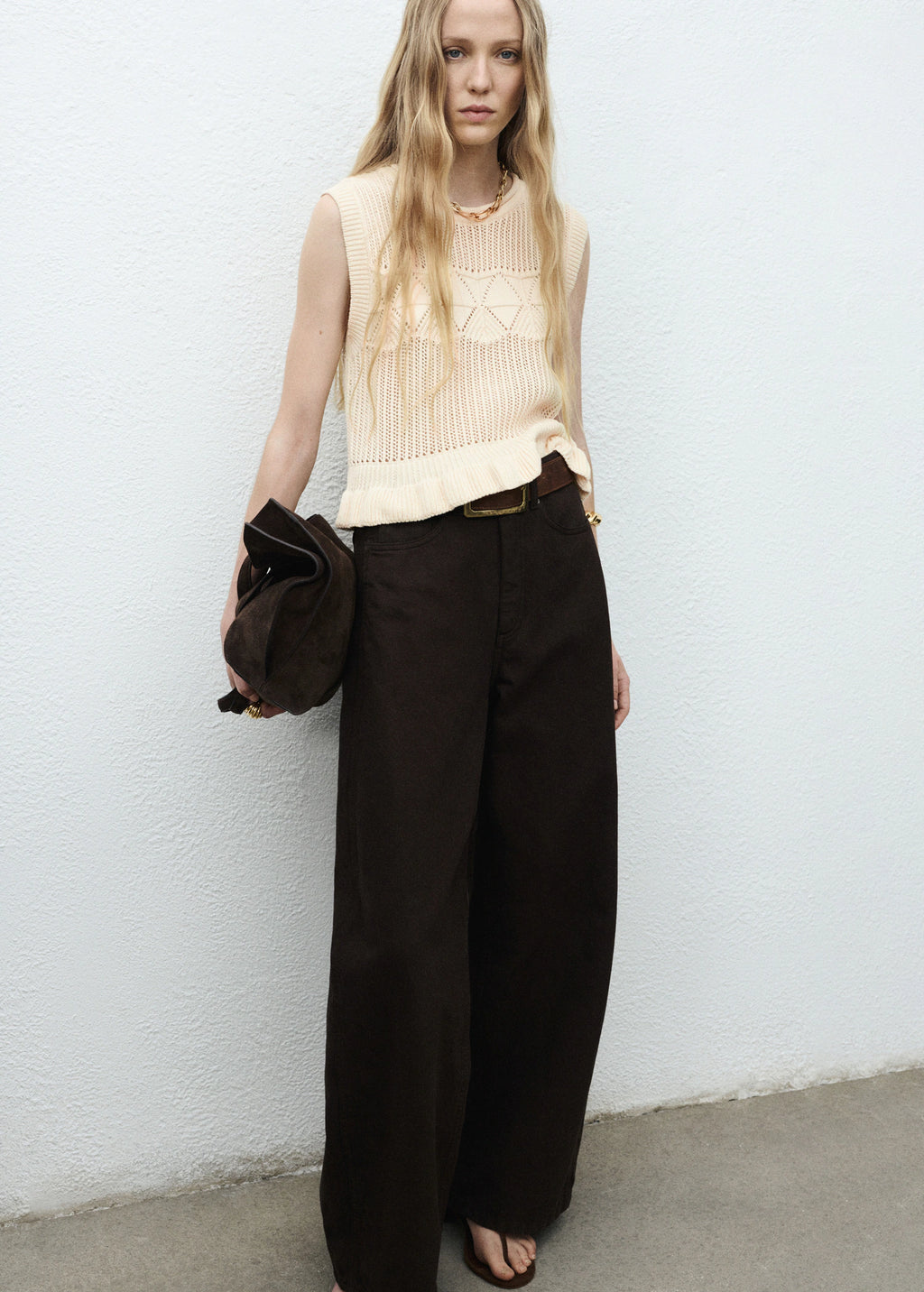 Openwork Knit Waistcoat With Ruffle