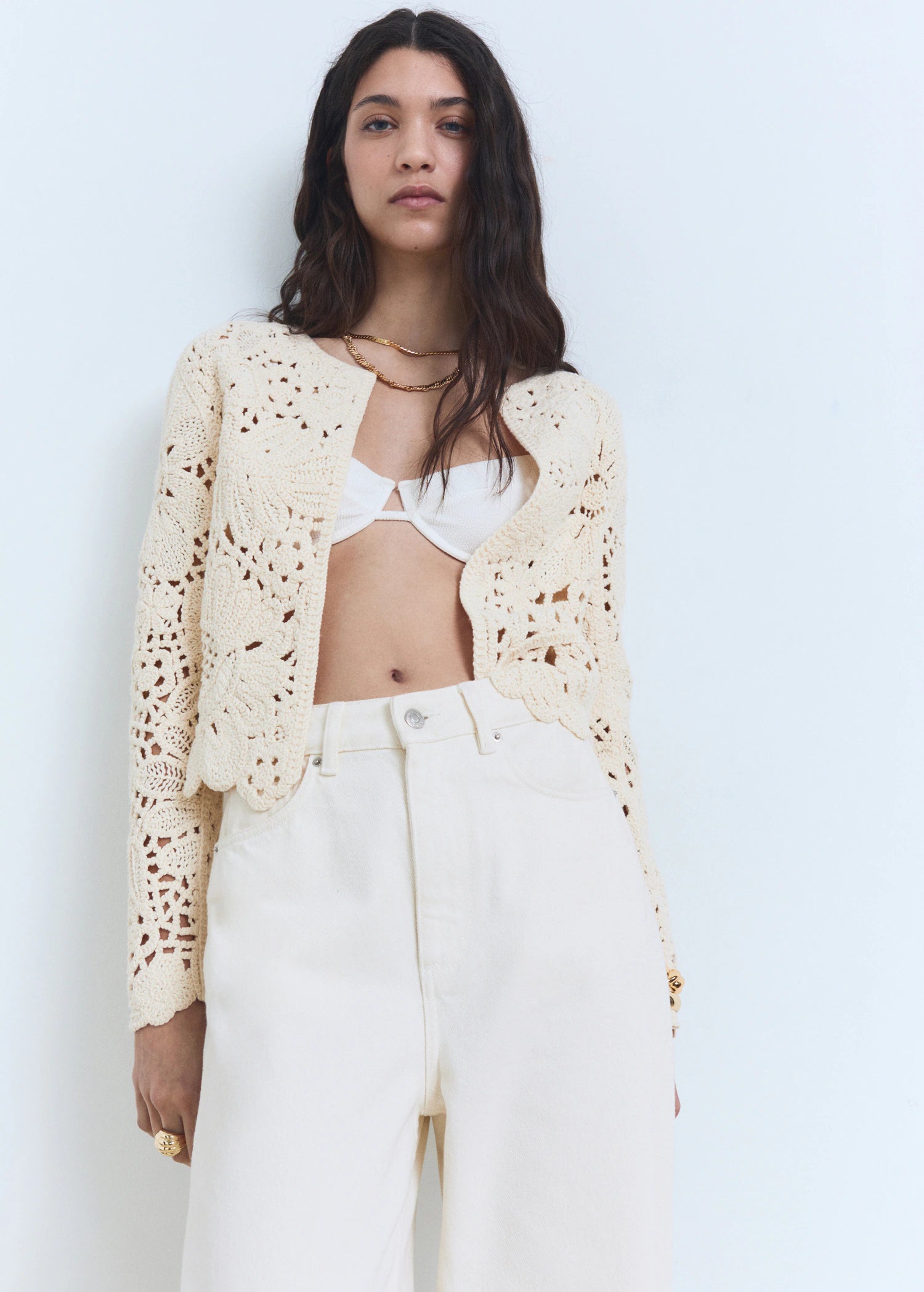 Openwork Knitted Jacket With Scalloped Hem