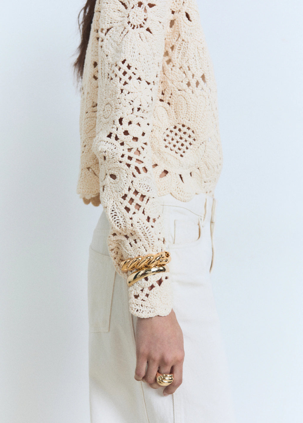 Openwork Knitted Jacket With Scalloped Hem