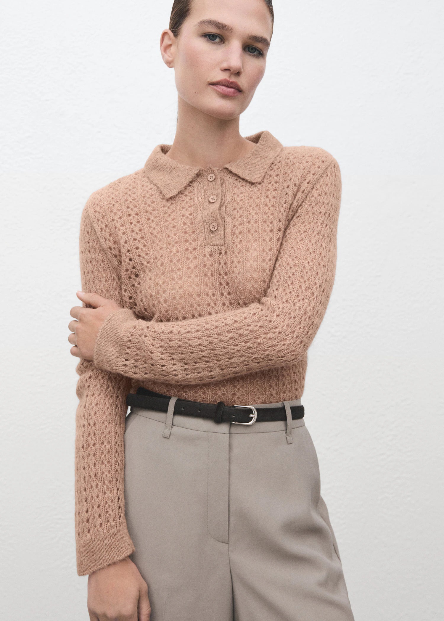 Openwork Knitted Polo Neck Sweater