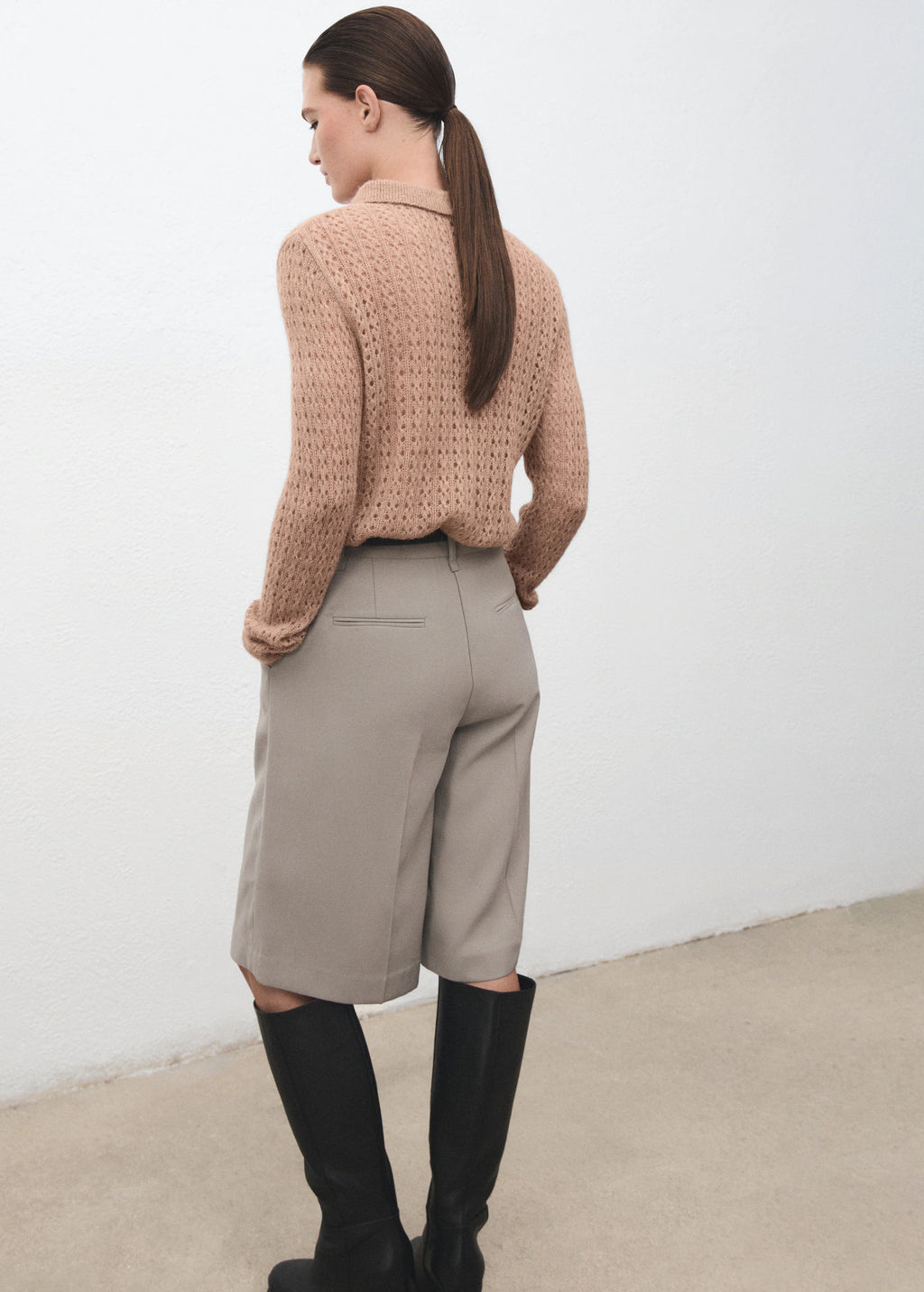 Openwork Knitted Polo Neck Sweater