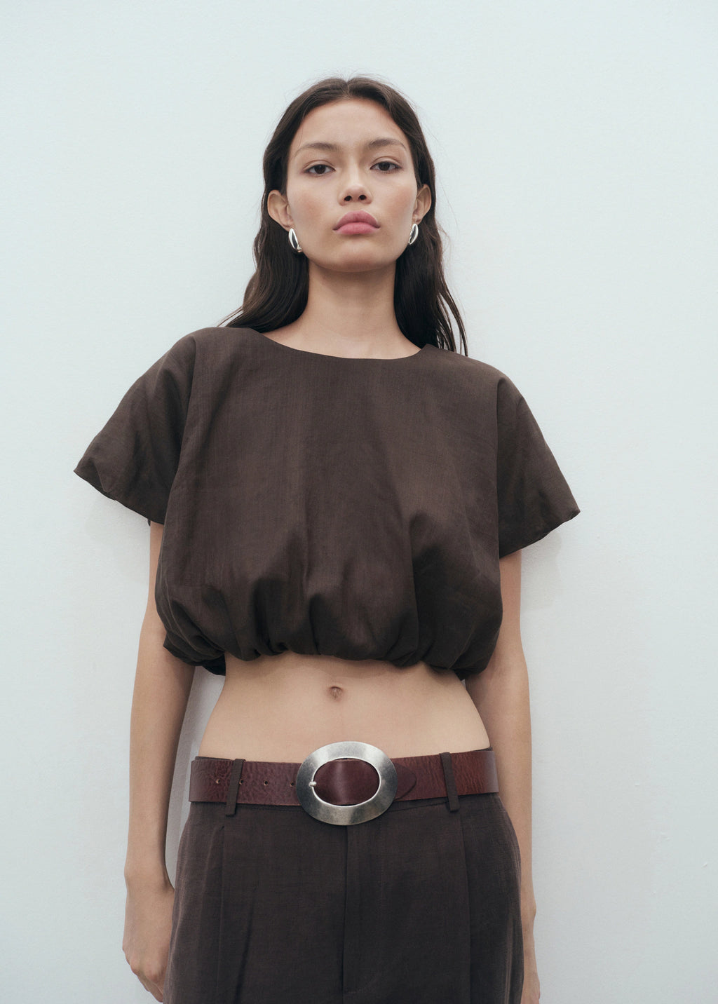 Ramie Cropped Balloon Blouse