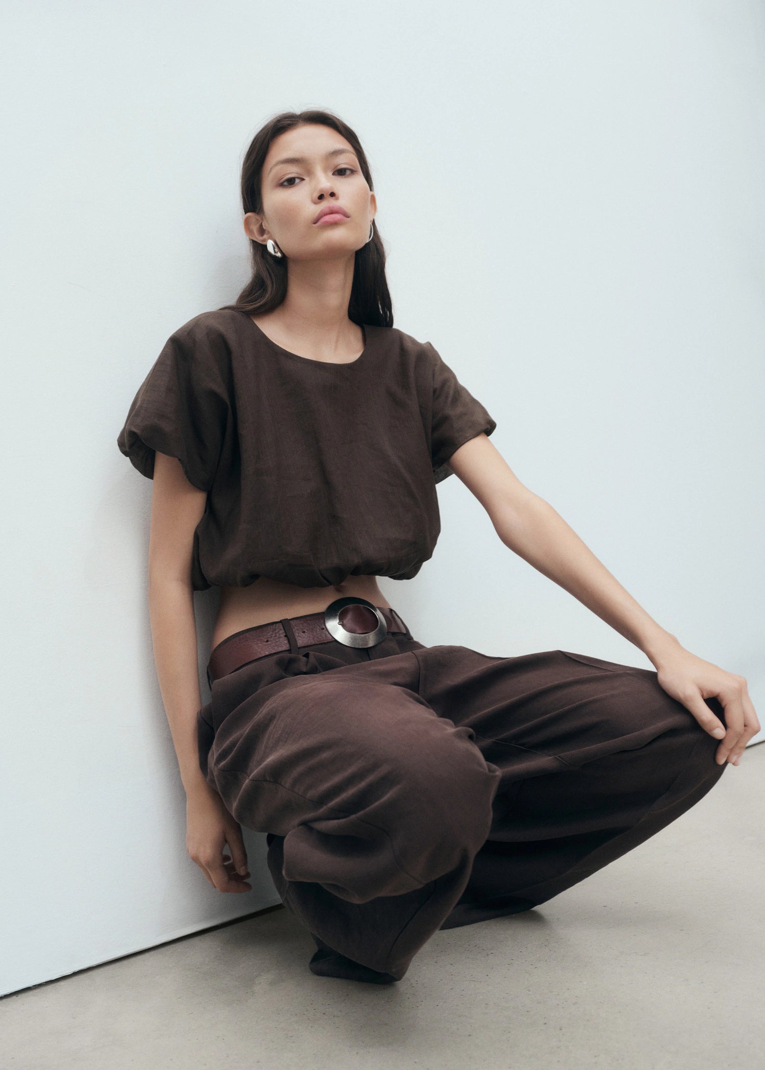 Ramie Cropped Balloon Blouse