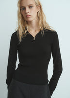Ribbed Sweater With Jewel Button