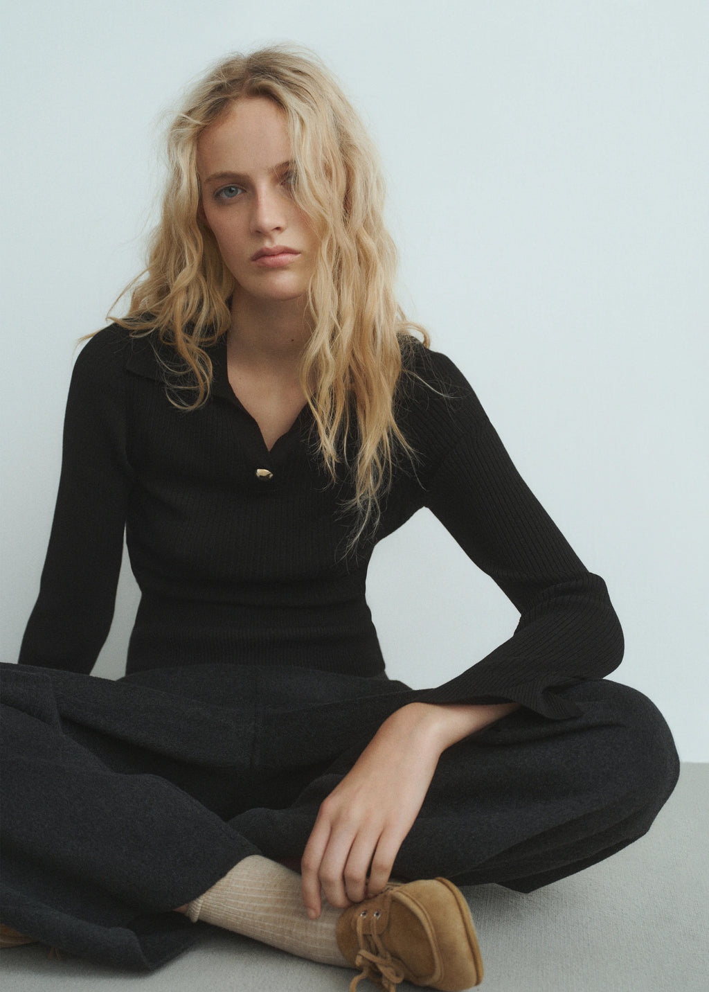 Ribbed Sweater With Jewel Button