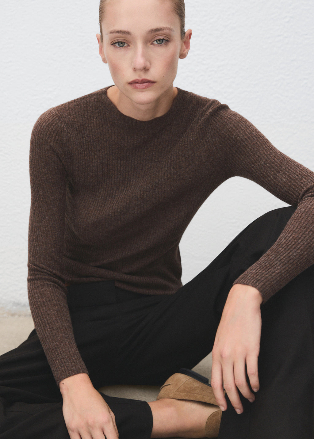 Ribbed Sweater With Perkins Neck
