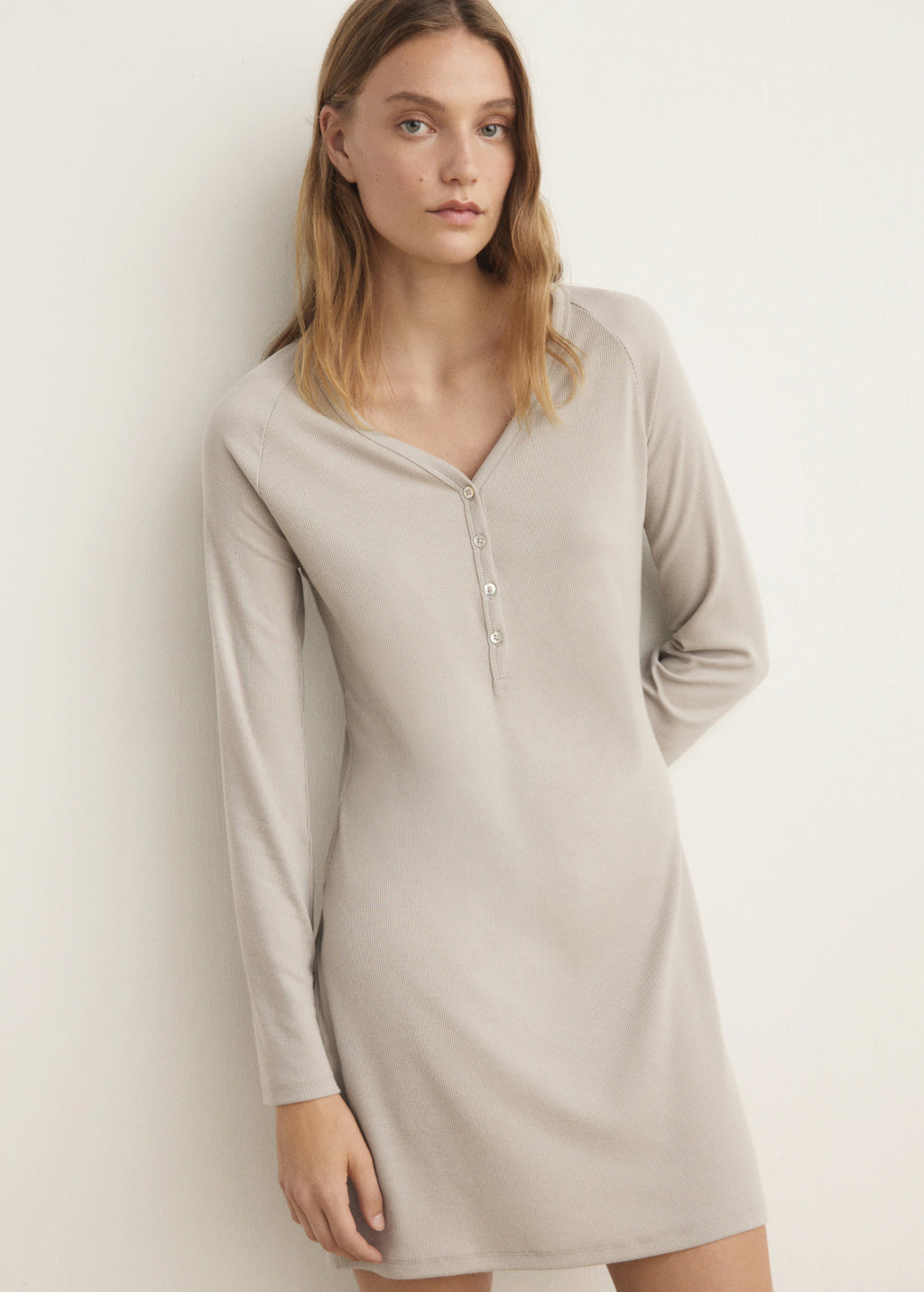 Ribbed Knit Nightdress With Buttons