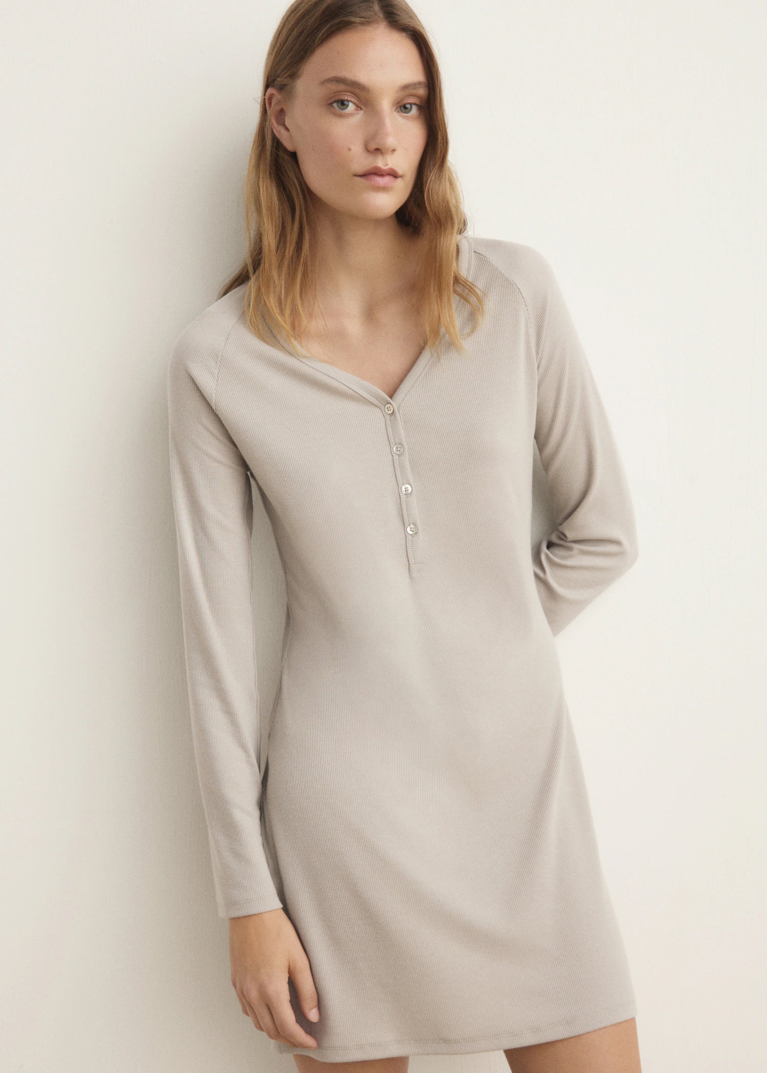 Ribbed Knit Nightdress With Buttons