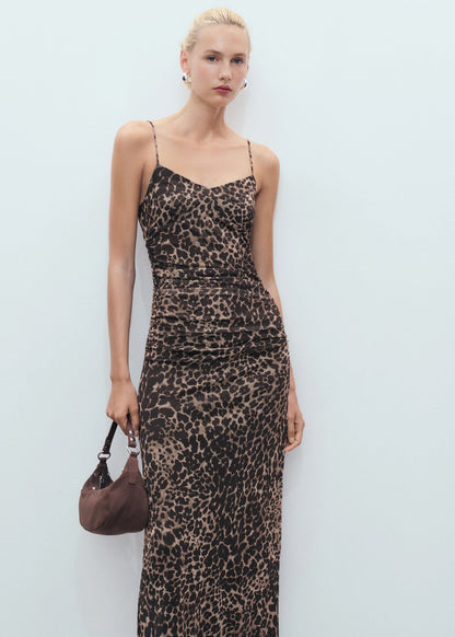Ruched Leopard Print Midi Dress