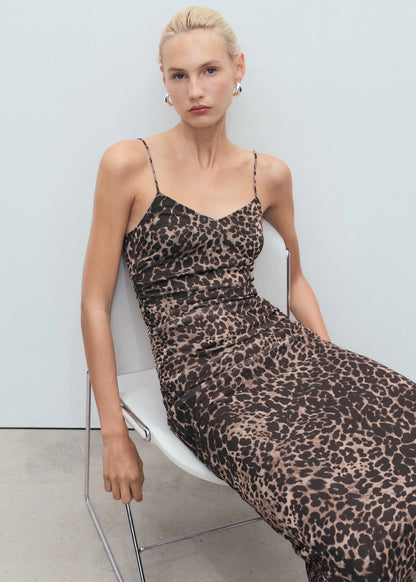 Ruched Leopard Print Midi Dress