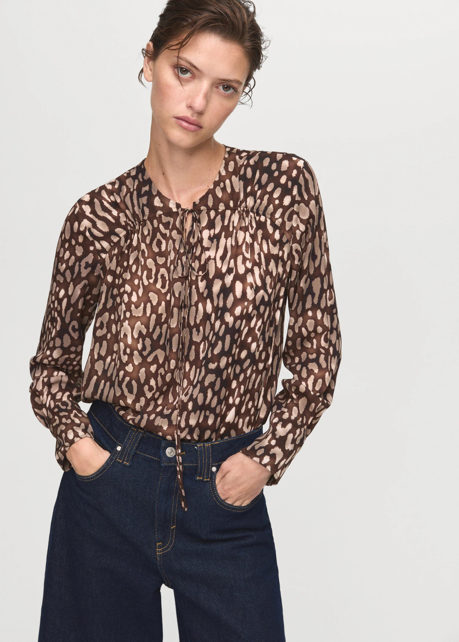 Satin Leopard Print Blouse With Bow